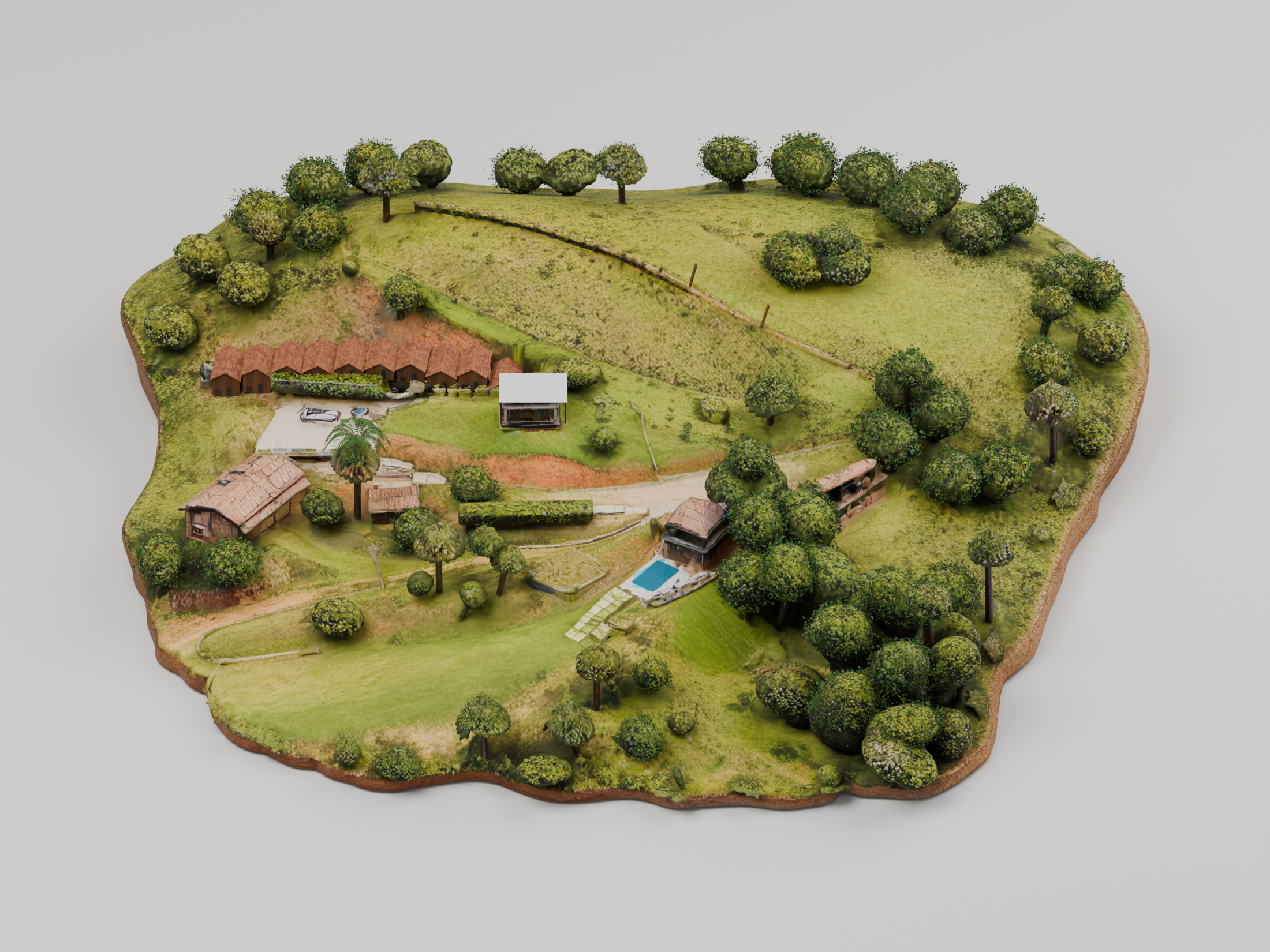 Vista da maquete 3D da propriedade, com chalés, piscina, caminhos, gramados e árvores.